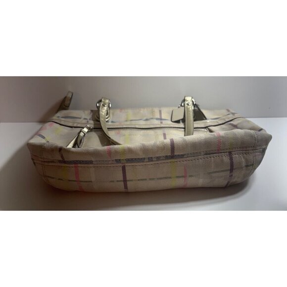 Coach Poppy Tattersall Signature Plaid Tote Bag Metallic Leather Trim 19871 15” - Picture 4 of 11